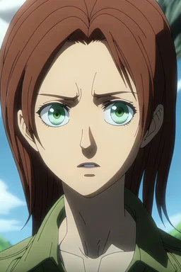 Attack on Titan screencap of a female a girl with square green eyes and brown hair