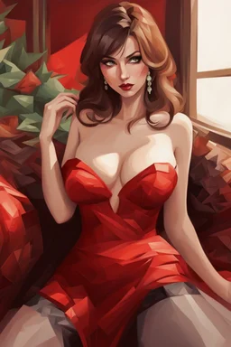 A stunning, seductive woman in a fiery red dress, casting a shy glance over her shoulder. cartoon style, cubism style