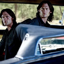 Sam Winchester from Supernatural realistic in a black 1967 chevrolet impala's drivers seat