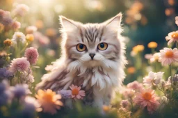 antropomorph kitten owl in a flowergarden in sunshine, ethereal, cinematic postprocessing
