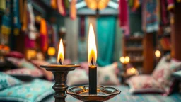close up black fire in antique candlestick, which is in front of an oriental background, oriental colors and objects, in the background blur pillows on the floor, and colorful scarves hanging from the ceiling, the sharp focus is on the black flame, high realistic photo