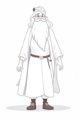 Disney style, white hair, white skin, white beard, coloring book, minimalism, simple lines, white background, STICKER, WHOLE BODY, A CUTE man with ajacket in his hand, long white beard, flowing hair, and long tunic, sandals, open arms, A detailed illustration, in the style of Studio Ghibli, 3D vector art, cute and quirky, fantasy art, Adobe Illustrator, hand-drawn, low-