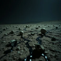 Photograph, odd objects scattered over an arid surface, night, nothingness, spooky, close-up, in Yves Tanguy style, nightmare, highly hypermaximalist, details of the terrain very accentuated, 8k, deep 3d field, sharp, eerily mysterious, artistic photo, large format film, shot on Hasselblad, 33mm photography, mysterious, dark, rotten, macabre, streams of black liquid