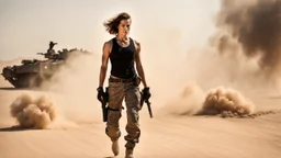 beautiful slender caucasian female technician, black tank top, knife-fighting a giant soldier, well toned muscles, weathered face, scratched sand camo metal details, short brunette wavy bob haircut, dystopian, desert scene with smoke and explosions, particles flying