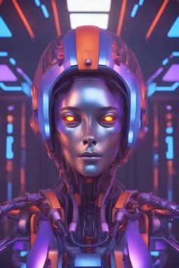 une atmosphère futuriste avec une tete de robot en gros plan en 3d composant les couleurs rouge, orange, violet et bleu