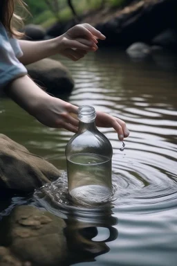 Tangan gadis mengambil botol hanyut di sungai