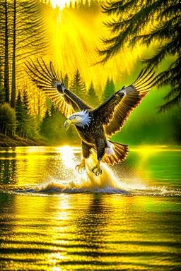 An image capturing a majestic eagle in flight, gripping a large fish in its talons as it soars above a winding river. The sunlight glistens on the water below, and the eagle's powerful wings spread wide against the sky. The scene showcases the eagle's incredible hunting prowess and the dynamic beauty of the natural world.