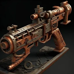 Create an image of old corrosion machine gun copper with strange runes