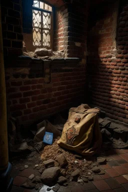 in a LARGE BASEMENT, half-buried in the earth, an ancient, worn-out, worn-out, torn-side valise peeks out, from which gold coins from the time of Catherine the Great fall out. The ancient coat of arms of Russia, the double-headed eagle, is BARELY VISIBLE on the bag. There are a lot of broken bricks and earth around the bag. All in high quality 8K