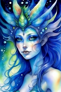 female alien fairy mermaid shaman, glowing plasma wings, astral realm, fantasy ocean, surreal, cosmic, sexy, closeup of face, watercolor