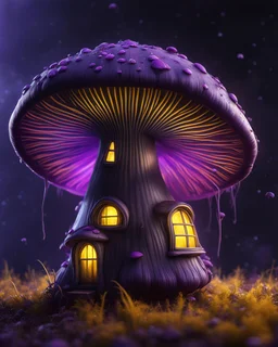 A solitary floating mushroom house on a clear night. silver and yellow and purple, Dark cosmic interstellar. Detailed Matte Painting, deep color, fantastical, intricate detail, splash screen, hyperdetailed, insane depth, concept art, 8k resolution, trending on Artstation, Unreal Engine 5, color depth, backlit, splash art, dramatic, High Quality Whimsical Fun Imaginative Bubbly, perfect composition