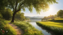 Beautiful realistic rural landscape, warm sunshine, lush plant growth, flowers, human habitation, river, peaceful, delightful, idyll, award-winning photograph, detail, beautiful composition, attractive colour, chiaroscuro