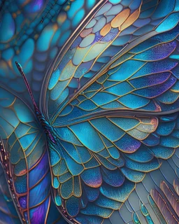 A vibrant, iridescent butterfly wing, with a detailed view of the intricate patterns and textures.