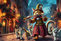 create "The Cat Pied Piper of Hamelin, whimsical and colorful Renaissance attire, playing a golden flute, leading playful and mischievous cats through vibrant, cobbled Renaissance streets, people on balconies laughing and pointing, surreal lighting, dreamlike vibe, highly detailed, vivid colors, painterly style, 8K, magical realism meets historical fiction --v 7 --ar 4:3 --style raw --q 2"