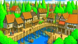 medieval village on a lake with bridges, people, balconies, trees