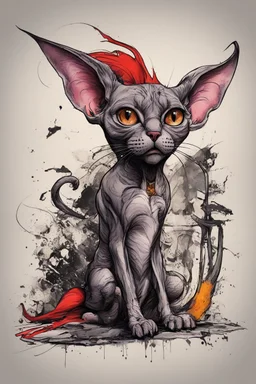 create a wild caricature of a ragged streetwise vampire sorceress Sphinx cat, highly detailed with refined feline features in the cartoon caricature style of Gerald Scarfe and Ralph Steadman precisely drawn, boldly inked, vividly colored, 4k