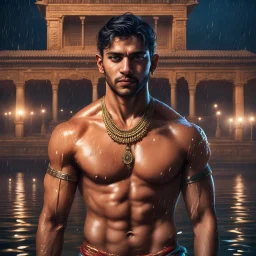 Hyper Realistic handsome Young shirtless muscular short hair Indian king with wet chest standing in a lake outside traditionally beautiful Indian palace at night