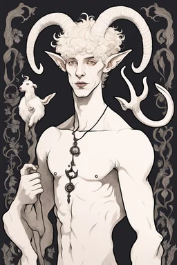 young satyr male albino alchemist with goat horns in the style of Aubrey Beardsley