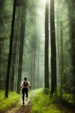 woman in forest, mid shot, running away from, slipped, wet,