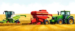 Parked at the edge of a field is a Claas brand Combine(left) Vaderstad implement Seeder(middle, red) and a John Deere Tractor(right) children's book illustration