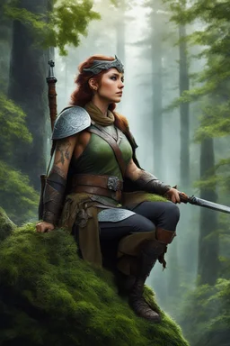 [Endor, tattooed woman warrior, battleaxe] Afrey kneels watchful upon her chosen branch high above the city. Soft glows through the leaves below speak of hearths lit and eyelids growing heavy as the Ewoks within ready themselves for sleep. But she will keep her mantle of guardian a while longer yet. With subtle shifts and flickers, the tattoos adorning her frame seem to writhe in the dimness like nothing so much as the vines and branches around her. Great serpents and ravens curl in tune to some