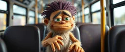 close up portrait of hairy fluffy polymer clay cute happy worried monster with realistic human colored and textured skin, and long sleek limbs and with studio lights, on the buss, talking to his aunt