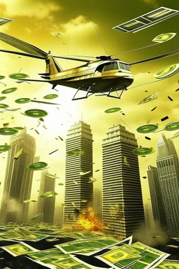 helicopters dropping dollar bills Robert Kiyosaki standing on golden skyskraper city burning in background STYLE OF HIROKU OGAI