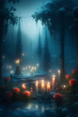 CANDLES ARE BURNING IN A WONDERFUL CLEARING IN A MAGICAL FOREST, THE NIGHT IS FULL MOON, SNOW, MAGIC Watercolor, double Chinese rose bush, ultra-detailed, morning, rain, greenery, beautiful landscape, fog, many details, delicate sensuality, realistic, high quality, 3d, work of art, hyperdetalization, filigree, foggy haze background, hyperrealism, professional, transparent, delicate pastel tones, back lighting, contrast, fantastic, unreal, translucent, glowing, clear lines, epic fabulous, fab