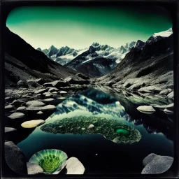 Sublime foto close-up polaroid ad alta definizione di una montagna rocciosa, un lago, surreale, colors, cityscape scifi, collage art, dadaism, sublime, splimapys nero, cielo nero, acqua nera riflette un sole nero, macabre piante circondano il lago, alghe, hypermaximalist, Max Ernst style, strangeness, intricate, hypnotic, obsessive, Yves Tanguy, 8k, deep 3d field, very accentuated details of the rocks and sht frn, eerie, artistic photo, shot on Hasselblad, large format film, medium format film