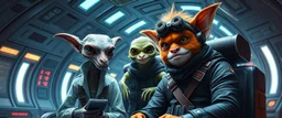 portrait of researcher slender alien rich kobold hill billy fluffy captain pilot focus gremlin cyber punk with two crew members, in sci fi air ship waiting hall, in future dynasty