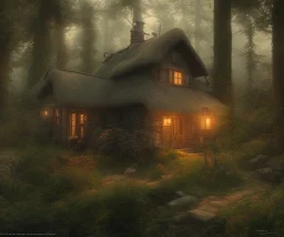 beautiful hyperrealistic cottage in the forest, highly detailed, digital painting, trending artstation, concept art, illustration, cinematic lighting, vibrant colors, photorealism, epic, octane render