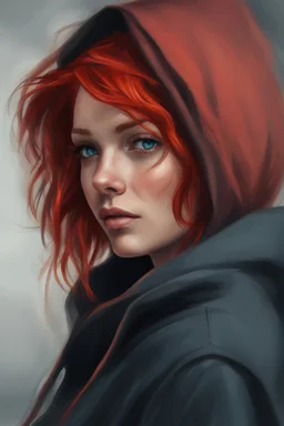 Woman with bright, short red hair, blue eyes, wearing a black hoodie, realistic