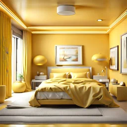 realistic 3d bedroom interior design , yellow color theme