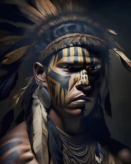 A powerful portrait of a tribal warrior, adorned with traditional attire and markings, in the style of tenebrism, dramatic contrasts between light and shadow, rich textures, and strong facial features, inspired by the works of Rembrandt and Caravaggio, exploring the strength and resilience of indigenous cultures.