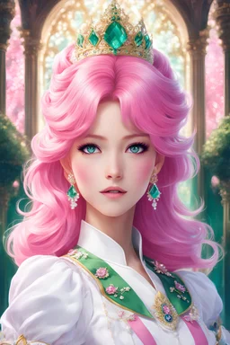 2D anime style. With hair like cotton candy, pink and bright, Eyes of emerald, shining with pure delight. In a white and navy uniform she stands, A sparkling green diamond adorning her commands. Surrounded by a palace, regal and grand, Where vivid colors paint a kingdom's brand. She's a vision of enchantment, a royal sight, In this magical realm, where dreams take flight.