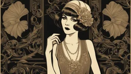 Full Body, Art Nouveau Woman With A Bob With A Fringe Hairstyle, 1920s flapper style Clothing, Steampunk, Black Background, photorealism