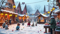 Festival Square – Subtle Excitement and Cheer"The Easter festival in the village square is alive with tiny, joyful movements. Children giggle as they crouch in the snow, their hands reaching for hidden pastel-colored eggs. A warm breeze causes ribbons tied to market stalls to flutter softly, their pastel hues catching the golden lantern light. A wooden stage creaks gently as a choir of bunny figurines sways in rhythm, singing a festive tune. A villager carefully places a fresh batch of steaming