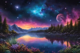 by the lake, on an alien world, under the Orion Nebula, by night :: make it more alien and make the sky a whole starry nebula, the lake surrounded by bioluminescent very strange otherworldly extraterrestrial plant like life forms :: extremely detailed, intricate, photorealistic, beautiful, high detail, high definition, pencil sketch, deep color, digital art