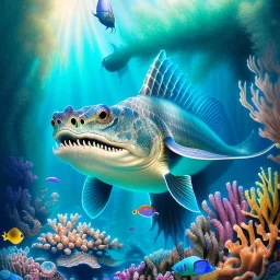 ultra detailed fullbody portrait of Sea monster underwater, extremely detailed digital painting, intrincate, extremely detailed face,crystal clear Big eyes, in the style of Kaare Andrews, mystical colors , perfectly centered image, perfect composition, rim light, beautiful lighting, 8k, stunning scene, raytracing