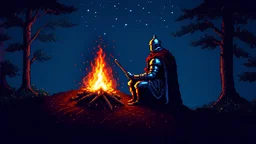 A knight sitting near campfire alone in a dark forest at night on top of a hill, pixel-art. Dark, medieval, fantasy, magical. Inspired by dark souls, game of thrones, and lord of the rings. You can see a starry night sky.