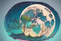 Large moon in the sky, nature doodles, drawing, color, detailed