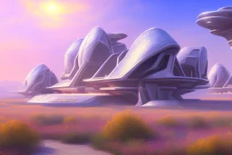 Sunny spring day, Futuristic buildings near the desert, impressionism painting