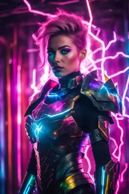 Photography Beautiful woman dressing futuristic cyberpunk armor, colors lighting, extreme neons colors lightning, surrounded by colors electricity