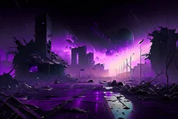 Destroyed City, Street View, Dense Purple Fog, Dead Soil, Broken Roads ,Black Night Sky, Stars, Space, Distant Alien Planets,