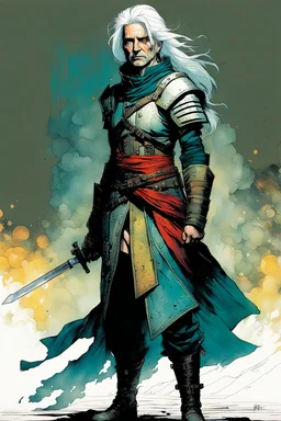 create an imaginative full body print illustration of an ethereal, otherworldly haggard, scarred, and grim, ghost haired, aged female grandmaster Witcher in Cat armor , in the comic book art style of Bill Sienkiewicz, Mike Mignola, and Jean Giraud Moebius, with highly detailed facial features , finely drawn, colored and inked,