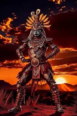 Full legs. Striking portrait of Nantli warrior as anthropomorphic puma, adorned with intricately designed traditional armor and headdress. His face, painted with black and white patterns, radiates a fierce and determined expression. A red sun adorns his headdress, symbolizing strength and power. The background, a vast, golden desert landscape, with a sun setting behind some rocky outcrops. 8k. Full body