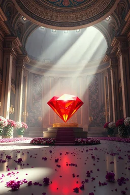 A very big and real royal palace in a big plain for the king, inside which purple, white and red flowers are used along with cinematic lighting. Inside this grand palace is a large glowing red diamond with cinematic lighting