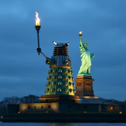 statue of a Dalek on Statin Island, with a torch, as the statue of liberty