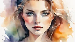 watercolor painting of a beautiful of a 25 year old woman, realistic skin texture, looking into the camera, Anna Razumovskaya style, atmospheric light, realistic colors