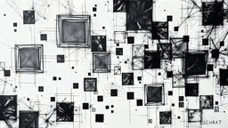 lyrical abstraction, geometric, fractal, ink wash, squares, black on white canvas by Ivan Shishkin and Leonardo da Vinci, intricate line drawings, masterpiece, fantastic, trending on artstation, 8k, octane render, HDR, HD, Unreal Engine